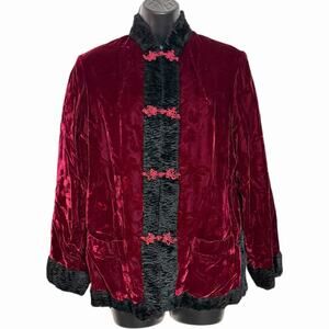 VTG PEONY FLORAL VELVET & FAUX PERSIAN LAMB ASIAN JACKET L BOHO WHIMSIGOTH *READ